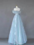 Light Blue Tulle Lace Long Prom Dress, Beautiful Off Shoulder Evening Party Dress HZ1024