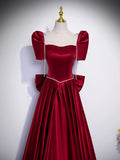 Beautiful Satin Floor Length Prom Dress with Bowknot, Burgundy Short Sleeve Evening Dress HZ1024