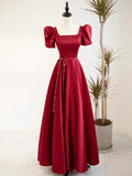 Burgundy Satin Short Sleeve Floor Length Prom Dress, Burgundy Evening Dress with Pearls HZ1024
