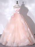 Pink Strapless Tulle Long Formal Dress, Pink A-line Prom Dress with Feathers HZ1024