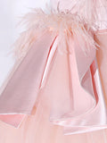 Pink Strapless Tulle Long Formal Dress, Pink A-line Prom Dress with Feathers HZ1024