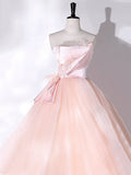 Pink Strapless Tulle Long Formal Dress, Pink A-line Prom Dress with Feathers HZ1024