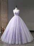 Light Purple Tulle Straps Long Prom Dress, Purple A-Line Princess Dress HZ1024