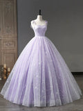 Light Purple Tulle Straps Long Prom Dress, Purple A-Line Princess Dress HZ1024