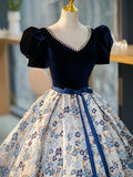 Blue V-Neck Short Sleeve Ball Gown, Blue A-Line Velvet Floor Length Evening Dress HZ1024