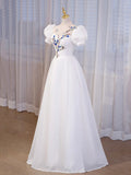 Elegant White Tulle Appliques Long Prom Dress, White High Neck A-Line Evening Dress HZ1024