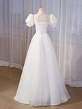 Elegant White Tulle Appliques Long Prom Dress, White High Neck A-Line Evening Dress HZ1024