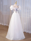 Elegant White Tulle Appliques Long Prom Dress, White High Neck A-Line Evening Dress HZ1024
