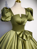 Green Satin Short Sleeve Floor Length Formal Dress, Green A-Line Prom Dress HZ1024