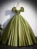 Green Satin Short Sleeve Floor Length Formal Dress, Green A-Line Prom Dress HZ1024