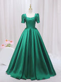 Green Satin Floor Length Prom Dress, Green Short Sleeve Evening Dress HZ1024