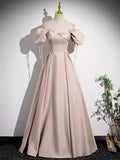 Pink Satin A-Line Floor Length Prom Dress, Off Shoulder Short Sleeve Evening Dress HZ1024