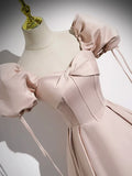 Pink Satin A-Line Floor Length Prom Dress, Off Shoulder Short Sleeve Evening Dress HZ1024