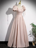 Pink Satin A-Line Floor Length Prom Dress, Off Shoulder Short Sleeve Evening Dress HZ1024