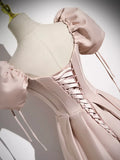 Pink Satin A-Line Floor Length Prom Dress, Off Shoulder Short Sleeve Evening Dress HZ1024