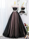 Black Tulle and Pink Flowers Party Dress, Black Off Shoulder Sweet 16 Dress HZ1024