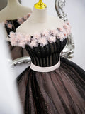 Black Tulle and Pink Flowers Party Dress, Black Off Shoulder Sweet 16 Dress HZ1024