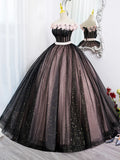 Black Tulle and Pink Flowers Party Dress, Black Off Shoulder Sweet 16 Dress HZ1024