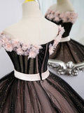 Black Tulle and Pink Flowers Party Dress, Black Off Shoulder Sweet 16 Dress HZ1024
