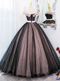 Black Tulle and Pink Flowers Party Dress, Black Off Shoulder Sweet 16 Dress HZ1024