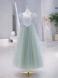 Green Tulle Floor Length Prom Dress, Green Short Sleeve Evening Party Dress HZ1024