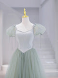 Green Tulle Floor Length Prom Dress, Green Short Sleeve Evening Party Dress HZ1024