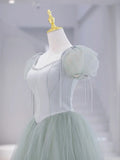 Green Tulle Floor Length Prom Dress, Green Short Sleeve Evening Party Dress HZ1024