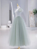 Green Tulle Floor Length Prom Dress, Green Short Sleeve Evening Party Dress HZ1024