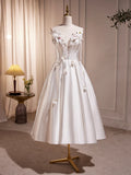 White Spaghetti Strap Satin Short Prom Dress, White V-Neck Evening Party Dress HZ1024