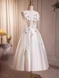 White Spaghetti Strap Satin Short Prom Dress, White V-Neck Evening Party Dress HZ1024