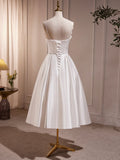 White Spaghetti Strap Satin Short Prom Dress, White V-Neck Evening Party Dress HZ1024