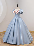 Blue Satin Floor Length Prom Dress with Bow, Blue A-Line Evening Formal Dress HZ1024