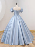 Blue Satin Floor Length Prom Dress with Bow, Blue A-Line Evening Formal Dress HZ1024
