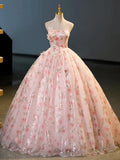 Beautiful Strapless Tulle Flower Long Prom Dress, Pink Ball Gown Formal Dress HZ1024