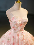 Beautiful Strapless Tulle Flower Long Prom Dress, Pink Ball Gown Formal Dress HZ1024