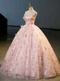 Beautiful Strapless Tulle Flower Long Prom Dress, Pink Ball Gown Formal Dress HZ1024