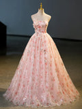 Beautiful Strapless Tulle Flower Long Prom Dress, Pink Ball Gown Formal Dress HZ1024