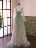 Light Green Tulle Long Sleeve Prom Dress, Green Gradient Floor Length Evening Dress HZ1024