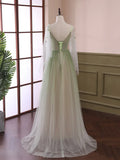 Light Green Tulle Long Sleeve Prom Dress, Green Gradient Floor Length Evening Dress HZ1024