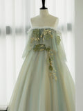 Green Tulle Lace Long Prom Dress, Green Off Shoulder Evening Party Dress HZ1024