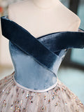 Blue Velvet and Tulle Long Prom Dress, Off Shoulder Evening Dress Party Dress HZ1024