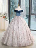 Blue Velvet and Tulle Long Prom Dress, Off Shoulder Evening Dress Party Dress HZ1024