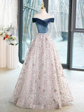 Blue Velvet and Tulle Long Prom Dress, Off Shoulder Evening Dress Party Dress HZ1024