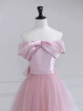 Pink Satin Tulle Long Prom Dress, Pink Off Shoulder Evening Dress HZ1024