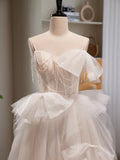Light Champagne Tulle Long Princesse Dress, Lovely Spaghetti Straps Evening Party Dress HZ1024