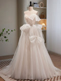Light Champagne Tulle Long Princesse Dress, Lovely Spaghetti Straps Evening Party Dress HZ1024