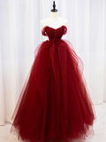 Burgundy Sweetheart Tulle Long Prom Dress with Beaded, Burgundy Party Dress HZ1024