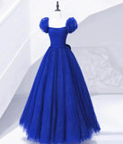 Cute Tulle Long Prom Dress with Bow, Royal Blue Short Sleeve Evening Party Dress HZ1024