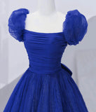 Cute Tulle Long Prom Dress with Bow, Royal Blue Short Sleeve Evening Party Dress HZ1024