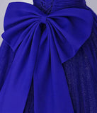 Cute Tulle Long Prom Dress with Bow, Royal Blue Short Sleeve Evening Party Dress HZ1024
